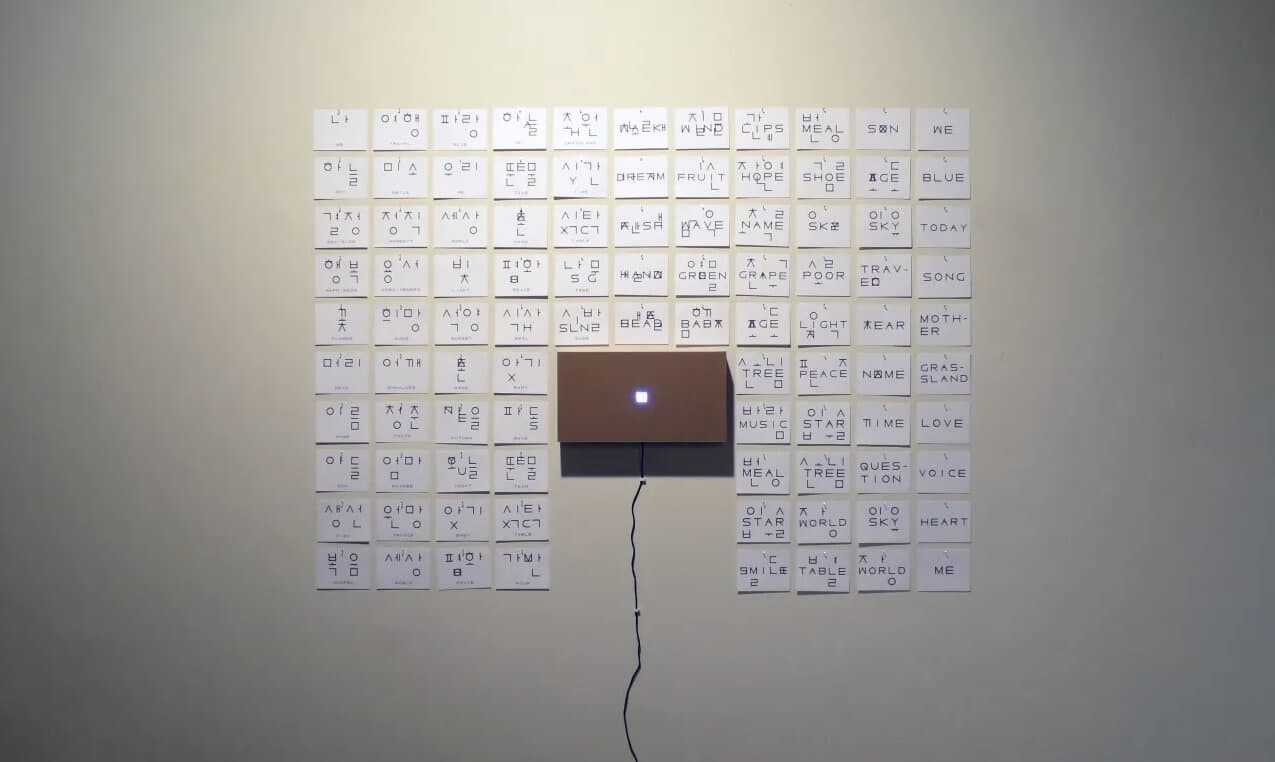 Gallery installation with unreadable words as getting close to center from both sides